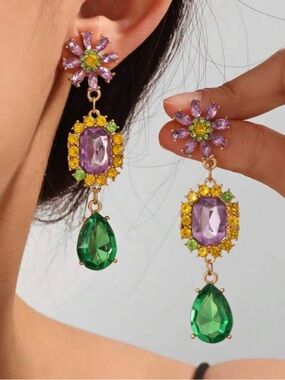Floral Multi-Gem Drop Earrings in Purple, Yellow & Green R 458
